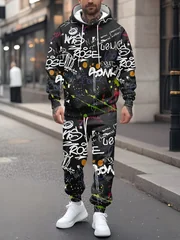 2026 Autumn/Winter Men's Hooded Sweatshirt Set with 3D Printings - Comfortable Soft Casual Fashionable Outdoor Men's Clothing