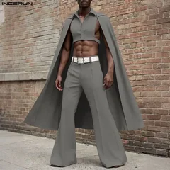 INCERUN Men Sets Solid Color Lapel Sleeveless Irregular Ponchos Shirt & Pants Two Pieces Sets Streetwear 2026 Fashion Men Suits