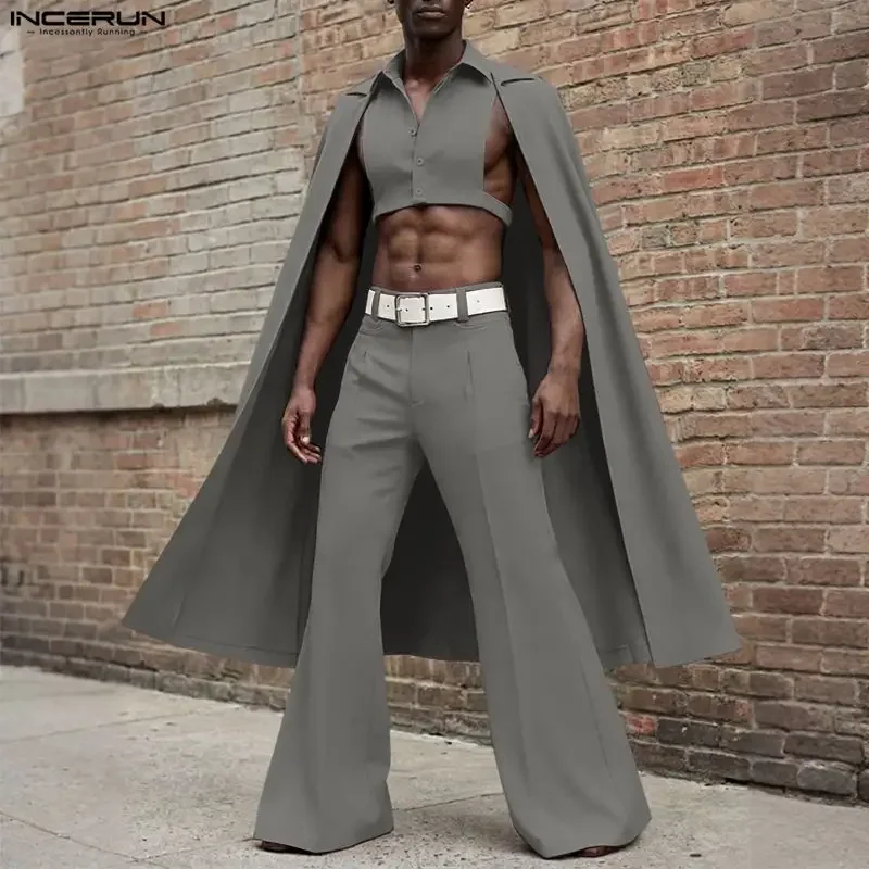 INCERUN Men Sets Solid Color Lapel Sleeveless Irregular Ponchos Shirt & Pants Two Pieces Sets Streetwear 2026 Fashion Men Suits