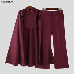 INCERUN Men Sets Solid Color Lapel Sleeveless Irregular Ponchos Shirt & Pants Two Pieces Sets Streetwear 2026 Fashion Men Suits