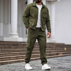 Men Retro Casual Suit for Spring Autumn, Shuttle Fabric Multi Pocket Jacket, Versatile Fashion Daily Wear Set