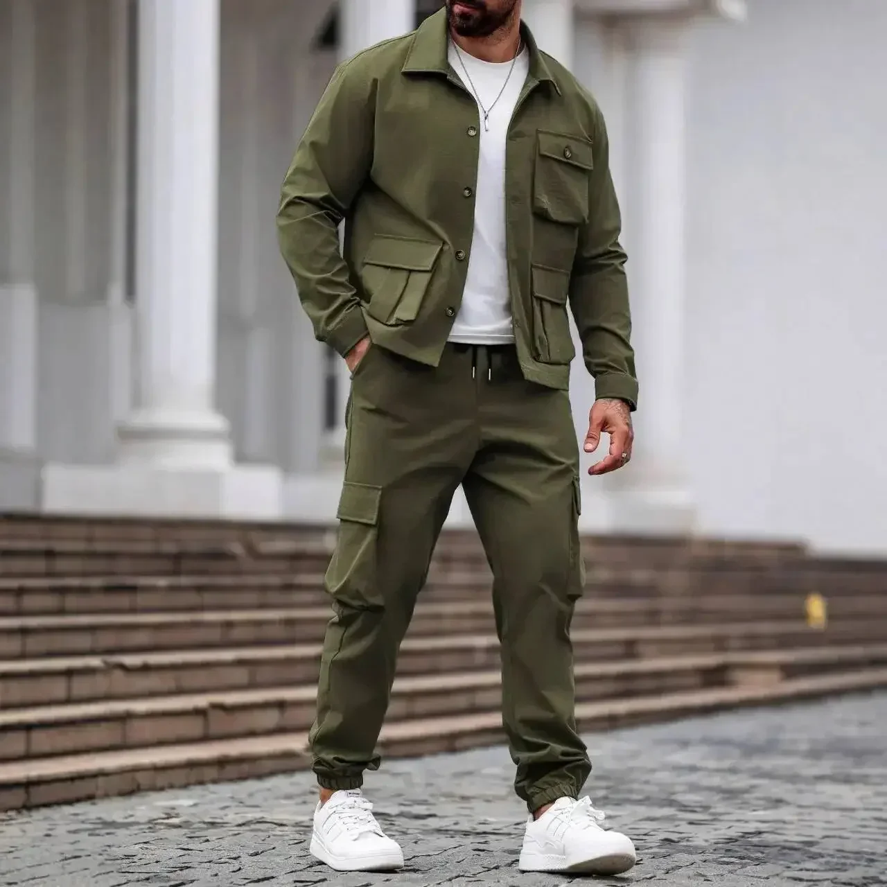 Men Retro Casual Suit for Spring Autumn, Shuttle Fabric Multi Pocket Jacket, Versatile Fashion Daily Wear Set