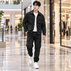 Men Retro Casual Suit for Spring Autumn, Shuttle Fabric Multi Pocket Jacket, Versatile Fashion Daily Wear Set