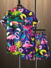 Hawaiian Colorful Jungle Bird Flower Graphic Men Co‑ord Set Turn‑down Collar Shirt Elastic Waist Short Pant Vacation Outfit
