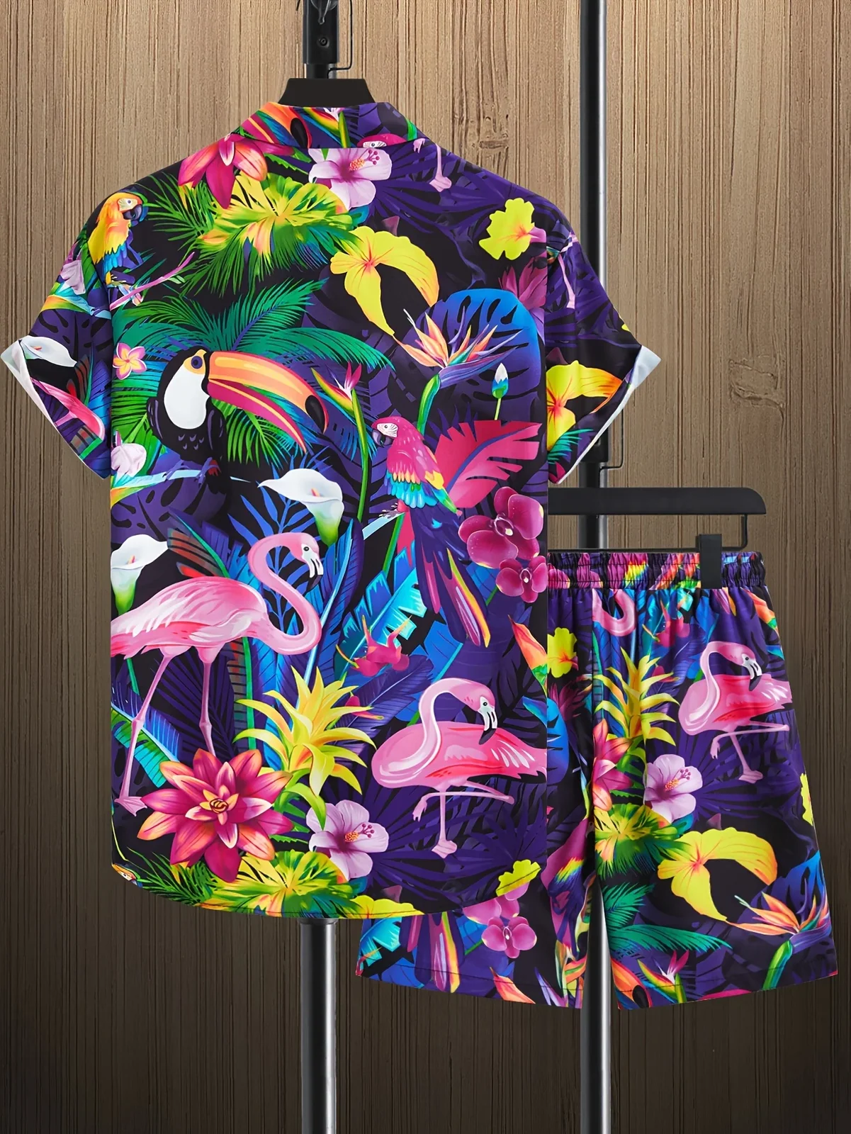 Hawaiian Colorful Jungle Bird Flower Graphic Men Co‑ord Set Turn‑down Collar Shirt Elastic Waist Short Pant Vacation Outfit