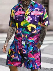 Hawaiian Colorful Jungle Bird Flower Graphic Men Co‑ord Set Turn‑down Collar Shirt Elastic Waist Short Pant Vacation Outfit
