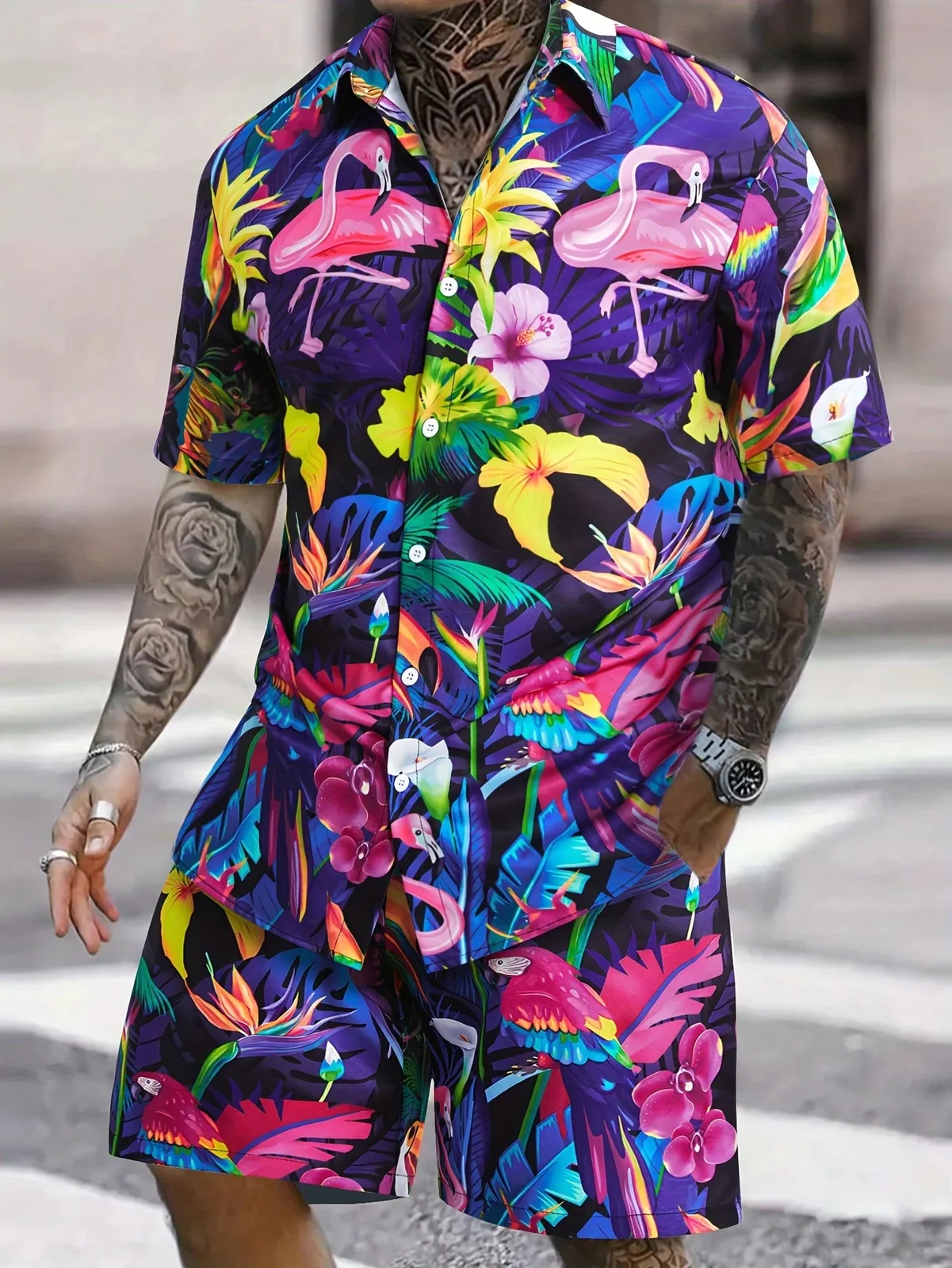 Hawaiian Colorful Jungle Bird Flower Graphic Men Co‑ord Set Turn‑down Collar Shirt Elastic Waist Short Pant Vacation Outfit