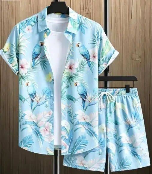 Hawaiian Colorful Jungle Bird Flower Graphic Men Co‑ord Set Turn‑down Collar Shirt Elastic Waist Short Pant Vacation Outfit