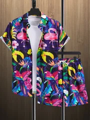 Hawaiian Colorful Jungle Bird Flower Graphic Men Co‑ord Set Turn‑down Collar Shirt Elastic Waist Short Pant Vacation Outfit