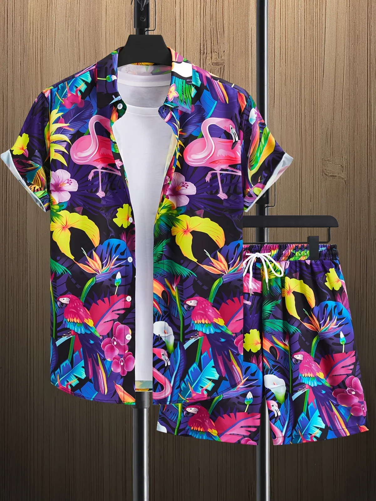 Hawaiian Colorful Jungle Bird Flower Graphic Men Co‑ord Set Turn‑down Collar Shirt Elastic Waist Short Pant Vacation Outfit