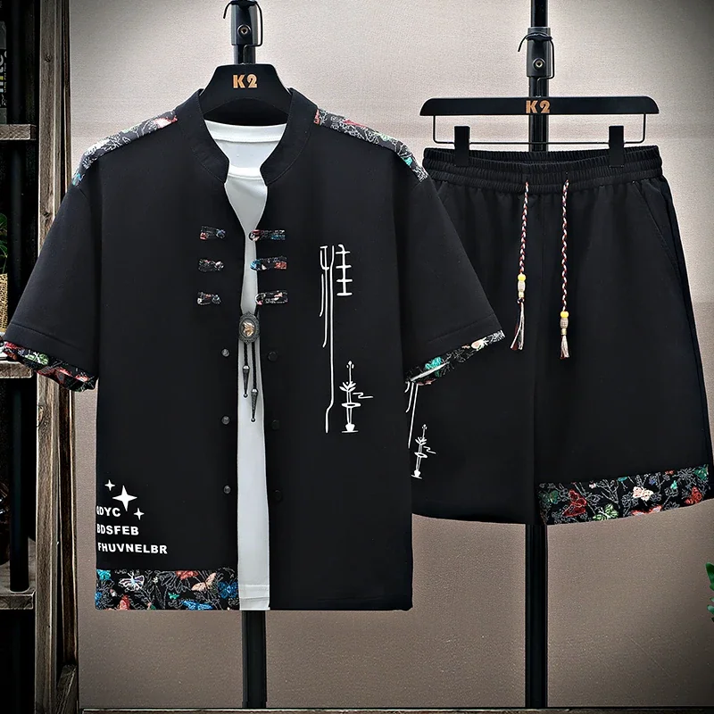 Men's Casual Sets Shirts +shorts 2026 summer chinese style Sportswear letter pattern two-piece set single-breasted Shirt+shorts