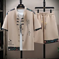 Men's Casual Sets Shirts +shorts 2026 summer chinese style Sportswear letter pattern two-piece set single-breasted Shirt+shorts