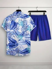 Hawaiian Plant Border Graphic Men Co‑ord Set Turn‑down Collar Button Shirt Elastic Waist Blue Short Pant Vacation Suit
