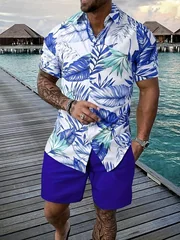 Hawaiian Plant Border Graphic Men Co‑ord Set Turn‑down Collar Button Shirt Elastic Waist Blue Short Pant Vacation Suit