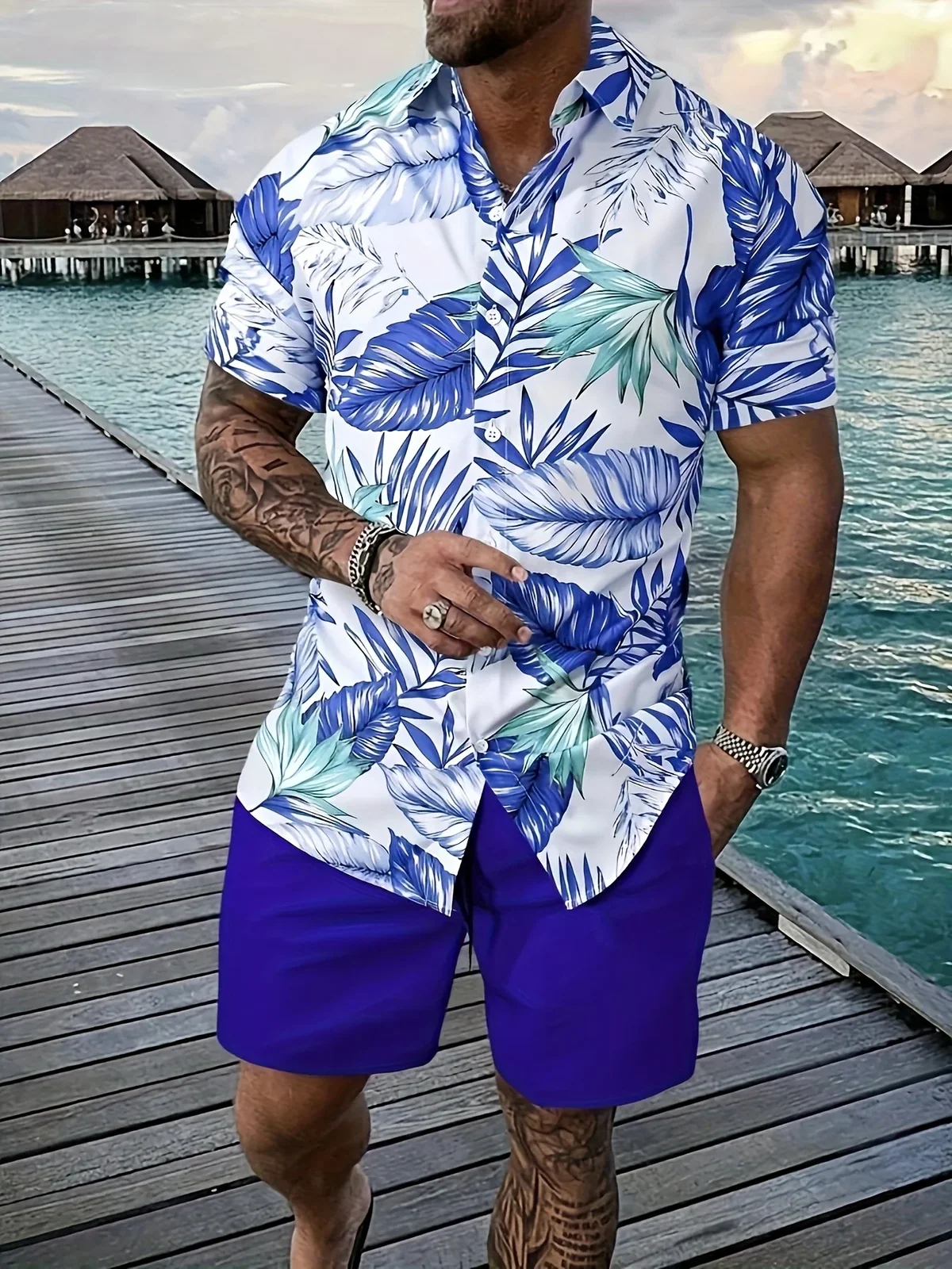 Hawaiian Plant Border Graphic Men Co‑ord Set Turn‑down Collar Button Shirt Elastic Waist Blue Short Pant Vacation Suit