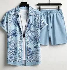 Hawaiian Plant Border Graphic Men Co‑ord Set Turn‑down Collar Button Shirt Elastic Waist Blue Short Pant Vacation Suit