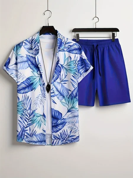 Hawaiian Plant Border Graphic Men Co‑ord Set Turn‑down Collar Button Shirt Elastic Waist Blue Short Pant Vacation Suit