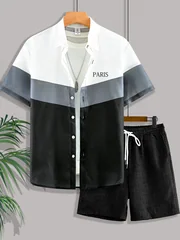 Men's Color-Blocked Printed Short-Sleeve Shirt with Textured Shorts Set, Button-Front Shirt, Casual Two-Piece Set for Everyday Wear and Vacation