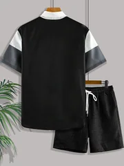 Men's Color-Blocked Printed Short-Sleeve Shirt with Textured Shorts Set, Button-Front Shirt, Casual Two-Piece Set for Everyday Wear and Vacation
