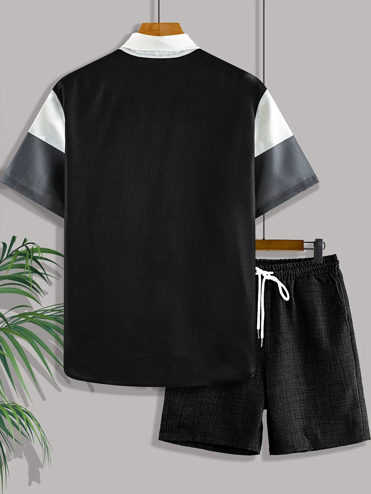 Men's Color-Blocked Printed Short-Sleeve Shirt with Textured Shorts Set, Button-Front Shirt, Casual Two-Piece Set for Everyday Wear and Vacation