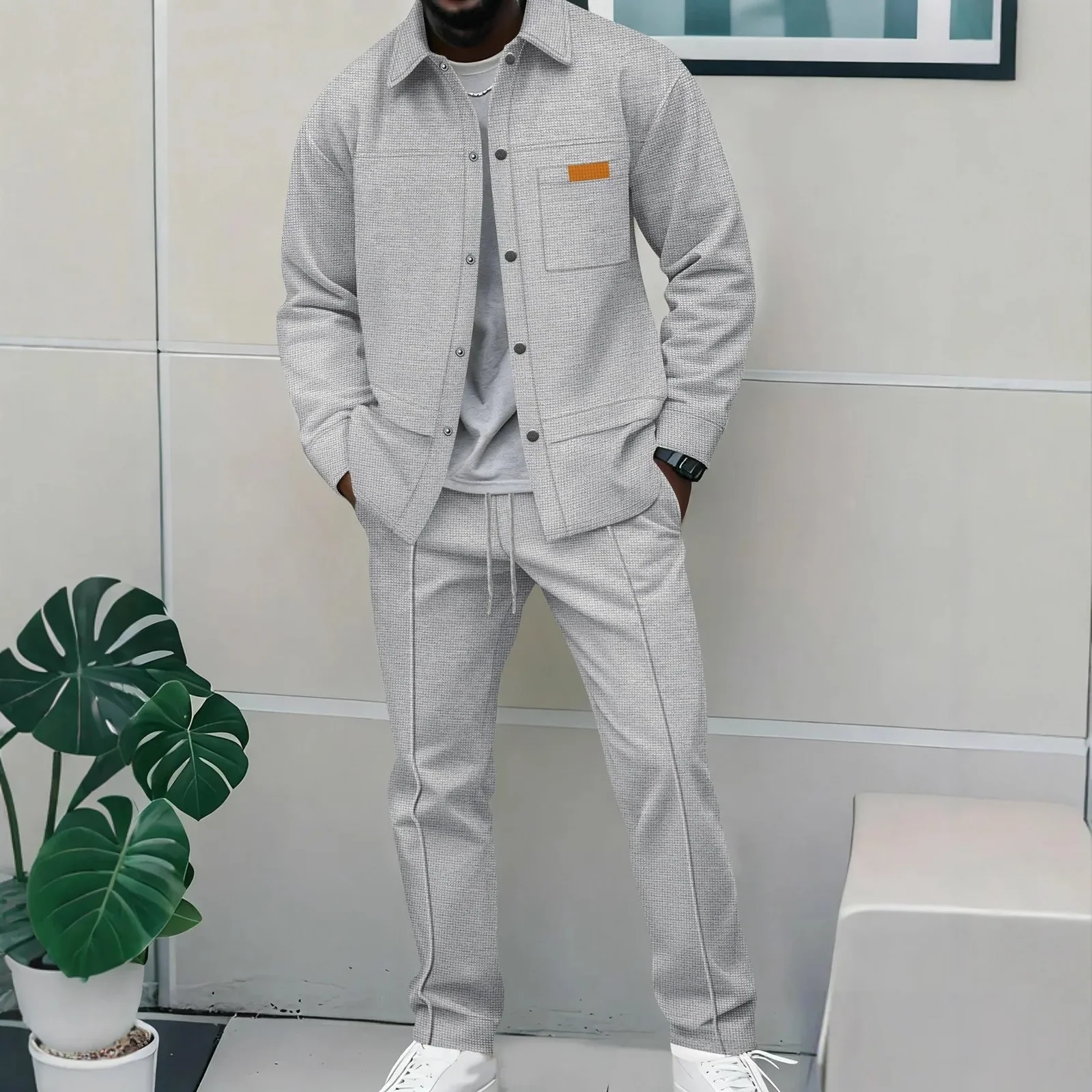 Men's Waffle Knit 2-Piece Tracksuit Button Down Jacket & Drawstring Pants Set Casual Streetwear Outfit with Chest Patch