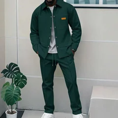 Men's Waffle Knit 2-Piece Tracksuit Button Down Jacket & Drawstring Pants Set Casual Streetwear Outfit with Chest Patch