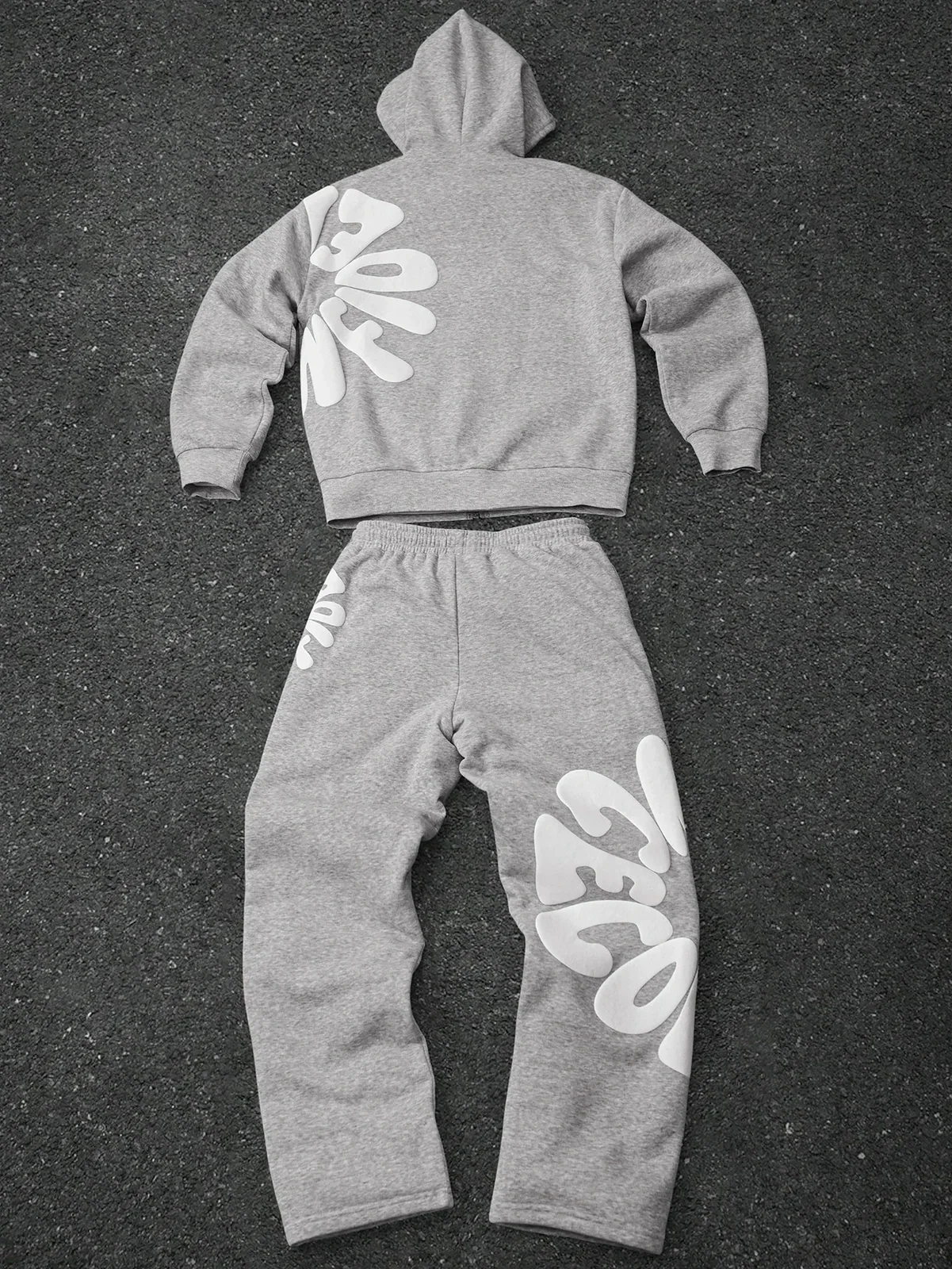 Men's and Women's Fitness Casual Tracksuit Foam Letter Print Streetwear Zip Up Hoodie & Sweatpants 2‑Piece Fleece Lined SetS‑2XL