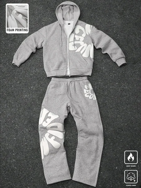 Men's and Women's Fitness Casual Tracksuit Foam Letter Print Streetwear Zip Up Hoodie & Sweatpants 2‑Piece Fleece Lined SetS‑2XL