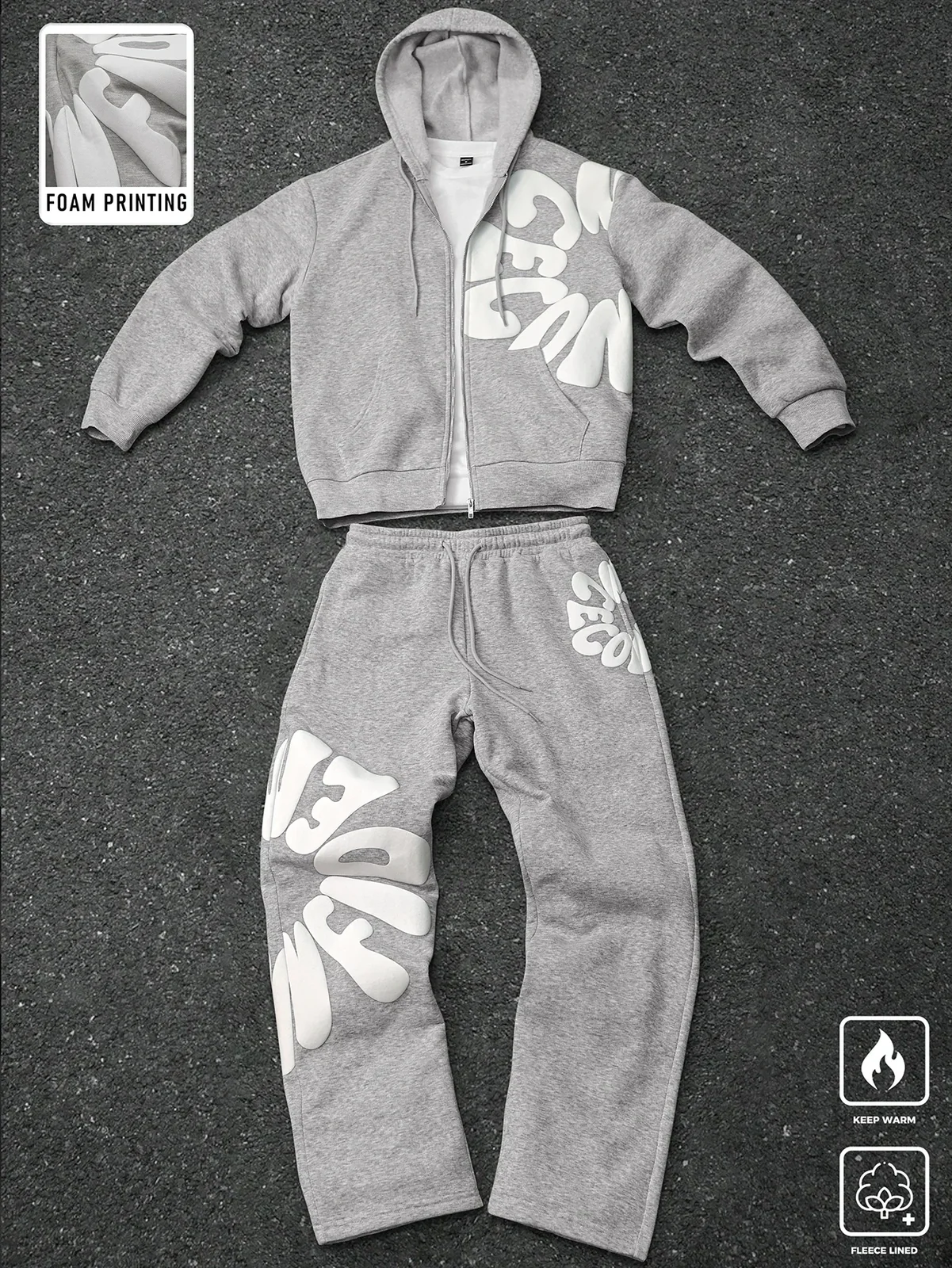 Men's and Women's Fitness Casual Tracksuit Foam Letter Print Streetwear Zip Up Hoodie & Sweatpants 2‑Piece Fleece Lined SetS‑2XL