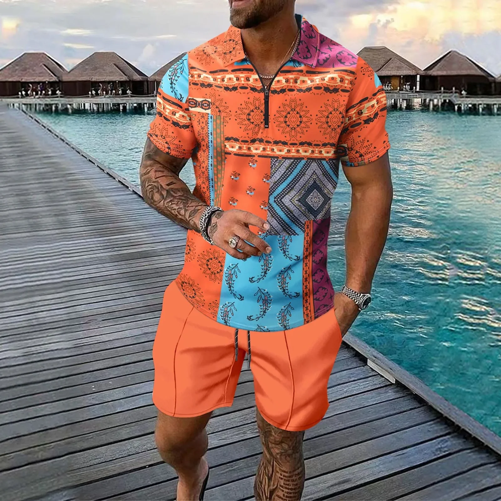 Summer Men's Casual Beach Polo Shirt Set New Short Sleeve Shorts 2 Piece Casual Suit Ropa Hombre Conjunto Para Hombre