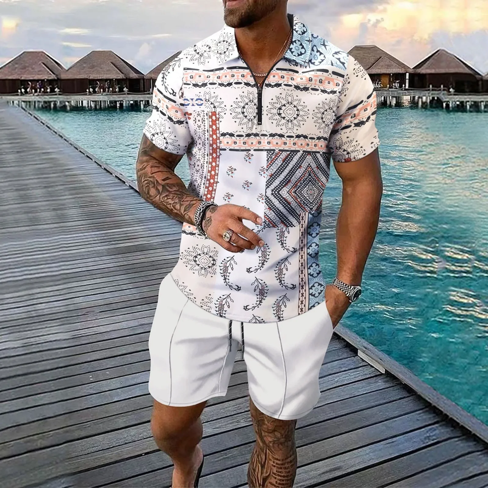 Summer Men's Casual Beach Polo Shirt Set New Short Sleeve Shorts 2 Piece Casual Suit Ropa Hombre Conjunto Para Hombre