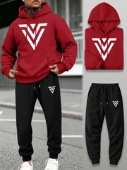 Men 2‑Piece Tracksuit V‑Shape Graphic Print Hoodie Sweatshirt+Drawstring Jogger Pants Spring Autumn Outdoor Running Casual Set