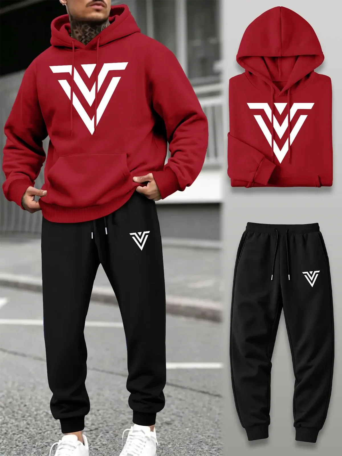 Men 2‑Piece Tracksuit V‑Shape Graphic Print Hoodie Sweatshirt+Drawstring Jogger Pants Spring Autumn Outdoor Running Casual Set