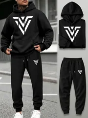 Men 2‑Piece Tracksuit V‑Shape Graphic Print Hoodie Sweatshirt+Drawstring Jogger Pants Spring Autumn Outdoor Running Casual Set