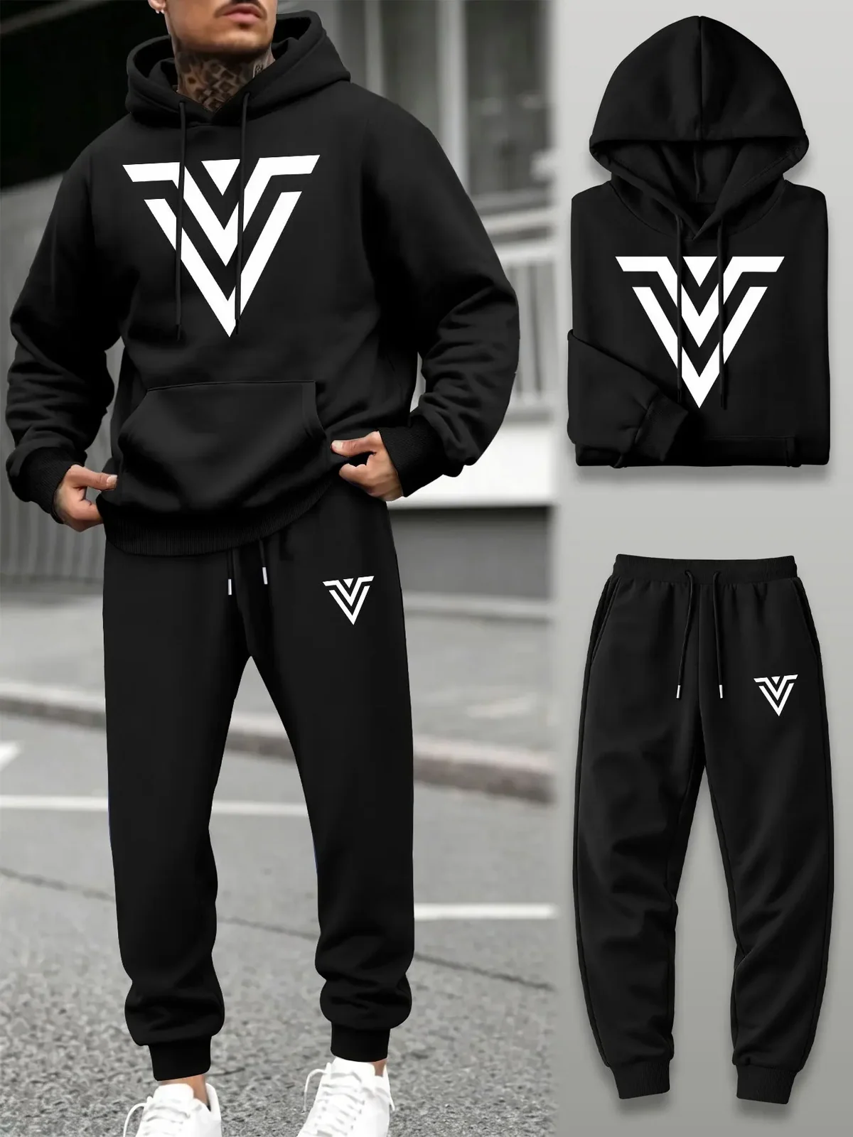 Men 2‑Piece Tracksuit V‑Shape Graphic Print Hoodie Sweatshirt+Drawstring Jogger Pants Spring Autumn Outdoor Running Casual Set