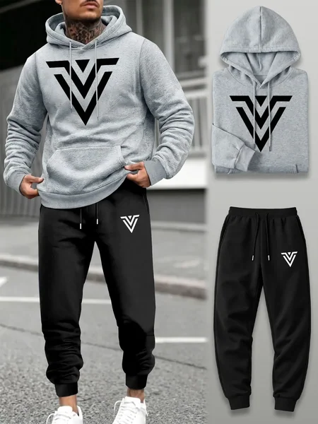Men 2‑Piece Tracksuit V‑Shape Graphic Print Hoodie Sweatshirt+Drawstring Jogger Pants Spring Autumn Outdoor Running Casual Set