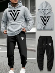 Men 2‑Piece Tracksuit V‑Shape Graphic Print Hoodie Sweatshirt+Drawstring Jogger Pants Spring Autumn Outdoor Running Casual Set