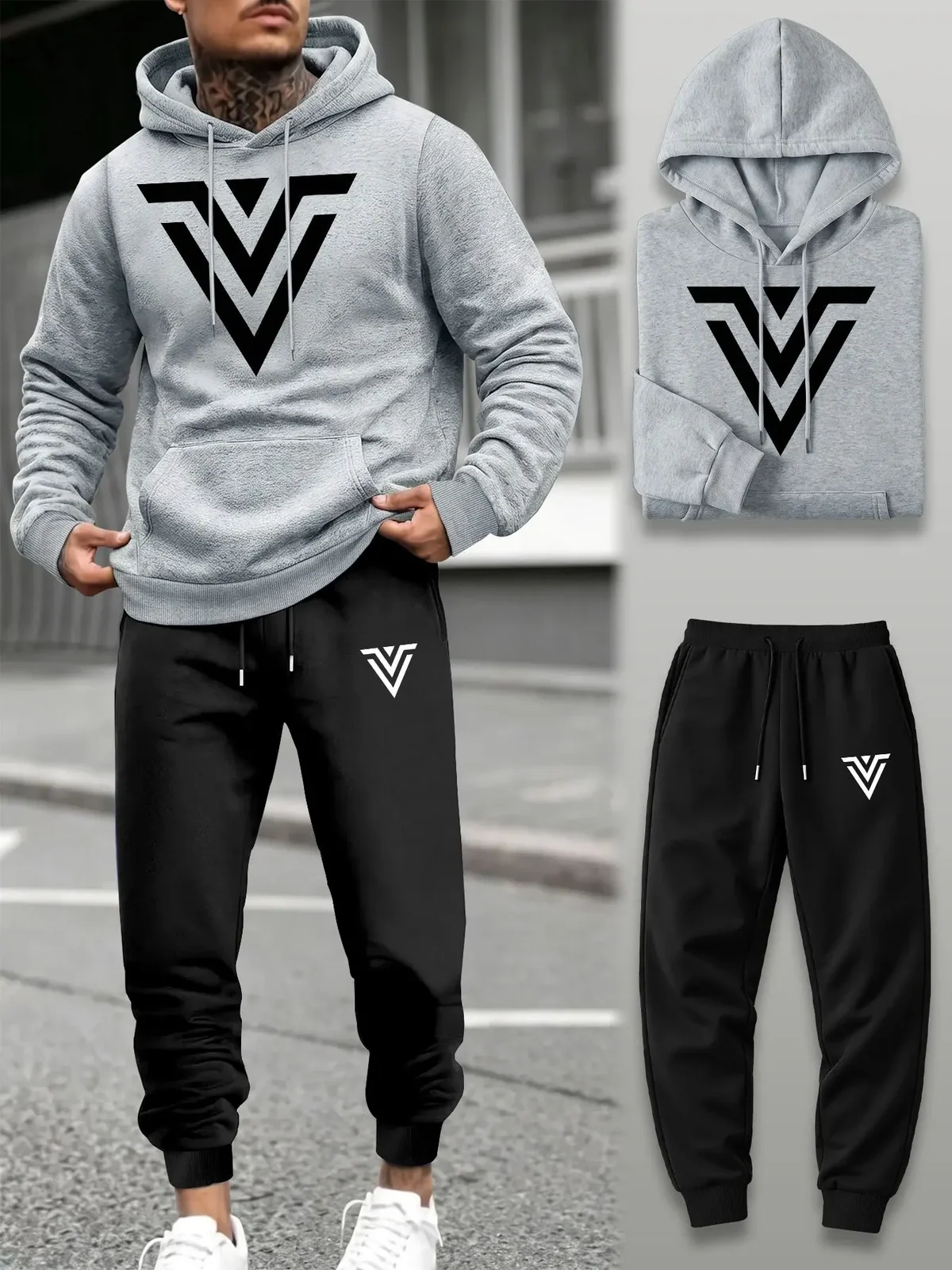 Men 2‑Piece Tracksuit V‑Shape Graphic Print Hoodie Sweatshirt+Drawstring Jogger Pants Spring Autumn Outdoor Running Casual Set