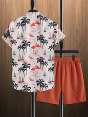 Men's Hawaiian 2-Piece Set Palm Flamingo Sailboat Print chic Shirt Shorts Holiday Beach Summer Outfit