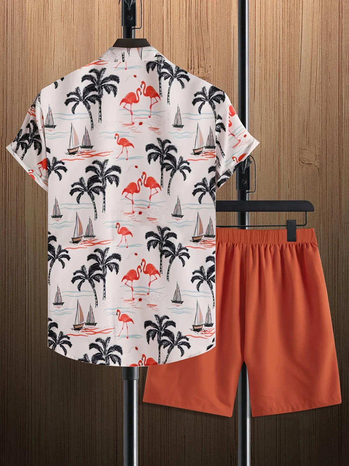 Men's Hawaiian 2-Piece Set Palm Flamingo Sailboat Print chic Shirt Shorts Holiday Beach Summer Outfit