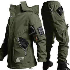Men's Fce Lined Windproof Waterproof Winter Outdoor Climbing Warmth Assurance Inteated Jaet and Pants Workwear Set