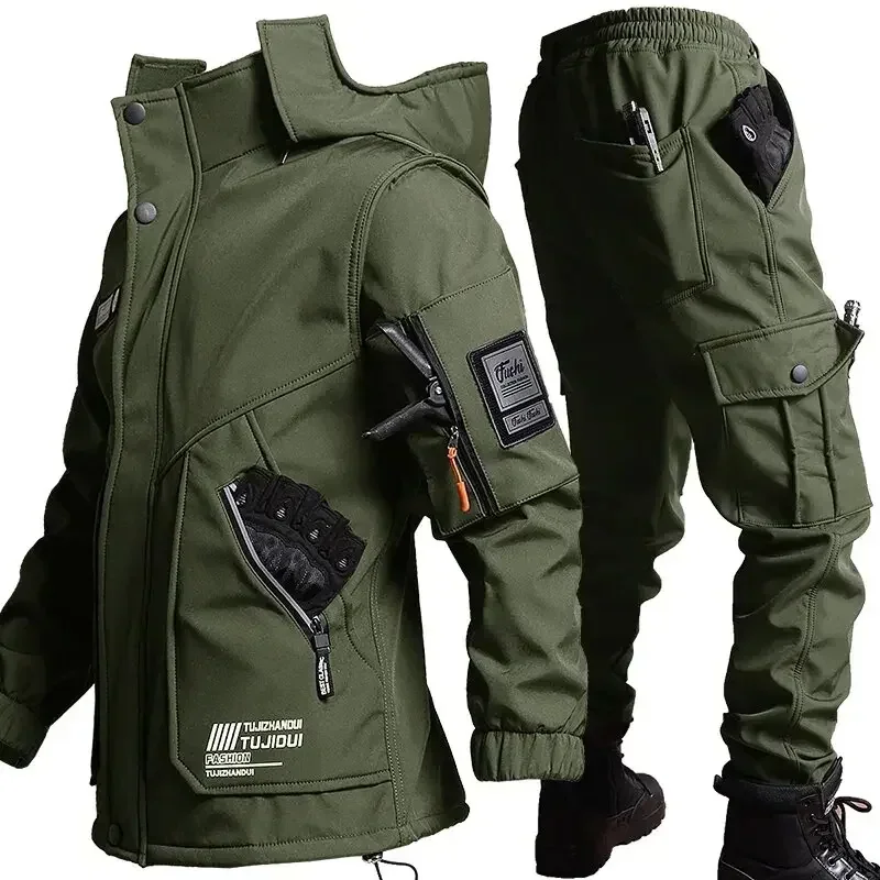Men's Fce Lined Windproof Waterproof Winter Outdoor Climbing Warmth Assurance Inteated Jaet and Pants Workwear Set