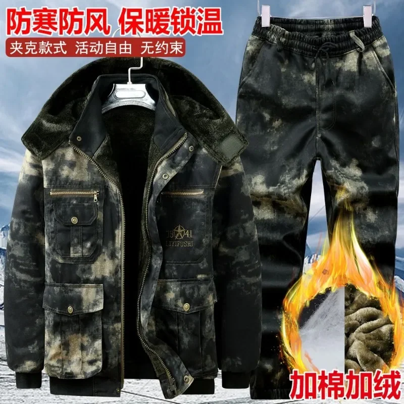 Men Winter Fleece Lined Camouflage Work Suit Thick Windproof Cold Resistant Wear Resistant Thermal Cotton Coat And Pants