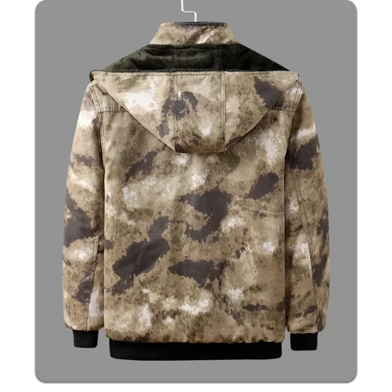 Men Winter Fleece Lined Camouflage Work Suit Thick Windproof Cold Resistant Wear Resistant Thermal Cotton Coat And Pants