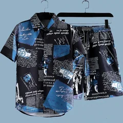Men's Newspaper Printed 2-piece Set Short Sleeve Button Collar Shirt Drawstring Shorts Summer Hawaiian Beach Casual Wear