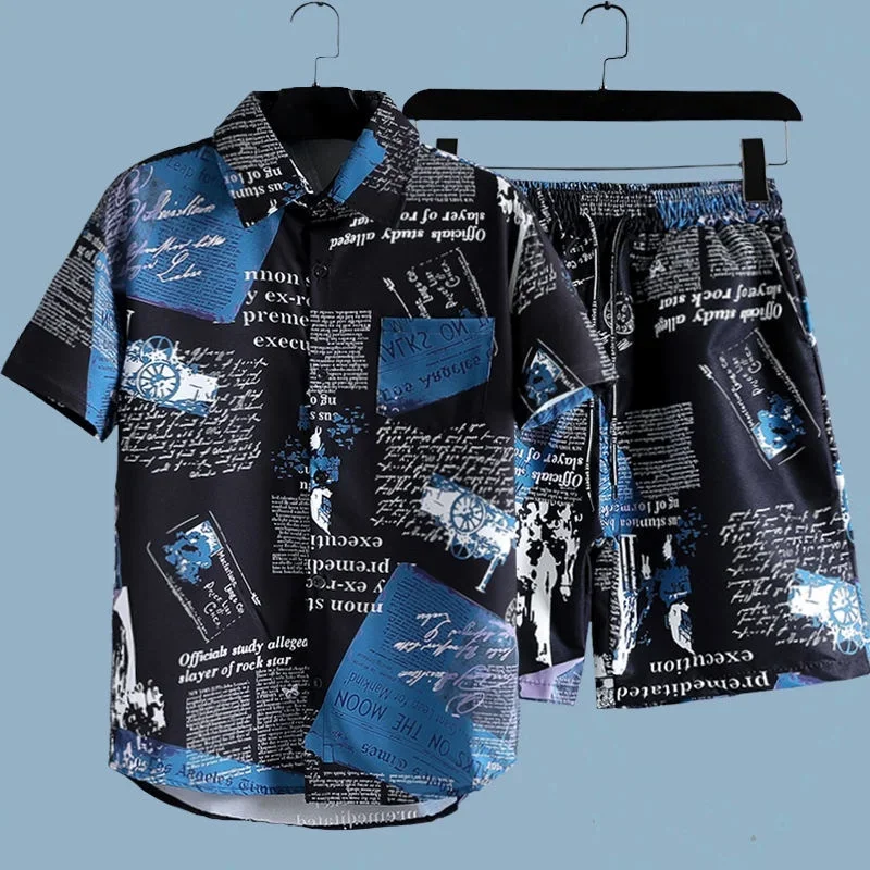 Men's Newspaper Printed 2-piece Set Short Sleeve Button Collar Shirt Drawstring Shorts Summer Hawaiian Beach Casual Wear