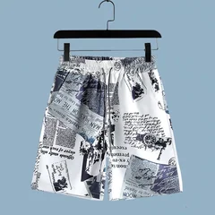 Men's Newspaper Printed 2-piece Set Short Sleeve Button Collar Shirt Drawstring Shorts Summer Hawaiian Beach Casual Wear