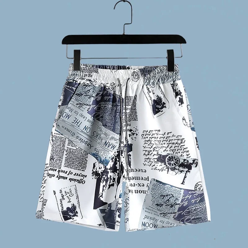 Men's Newspaper Printed 2-piece Set Short Sleeve Button Collar Shirt Drawstring Shorts Summer Hawaiian Beach Casual Wear