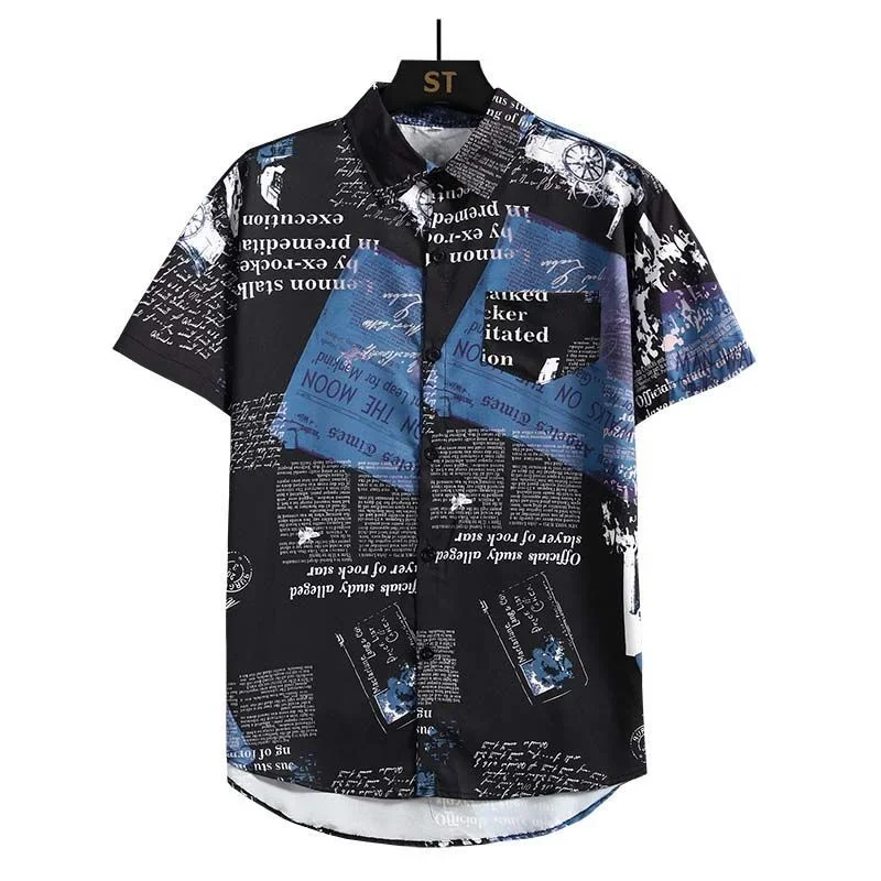 Men's Newspaper Printed 2-piece Set Short Sleeve Button Collar Shirt Drawstring Shorts Summer Hawaiian Beach Casual Wear