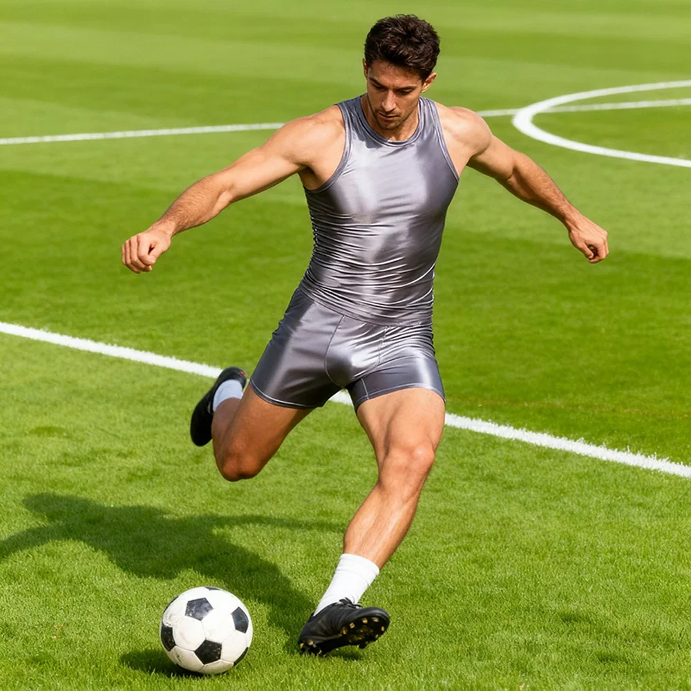 Men Silky Glossy Shiny Tracksuits Casual Sports Running Thin Smooth Activewear Sets Breathable Quick-drying Tank Top Shorts Sets